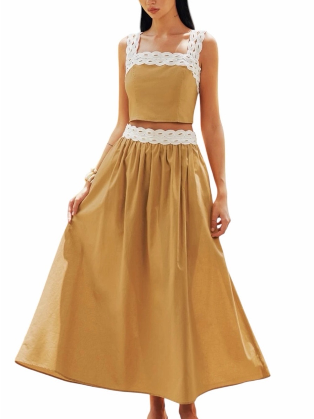 Commense Set Camel Tan Cotton Linen Crochet Trim Top Maxi Skirt Medium NWT